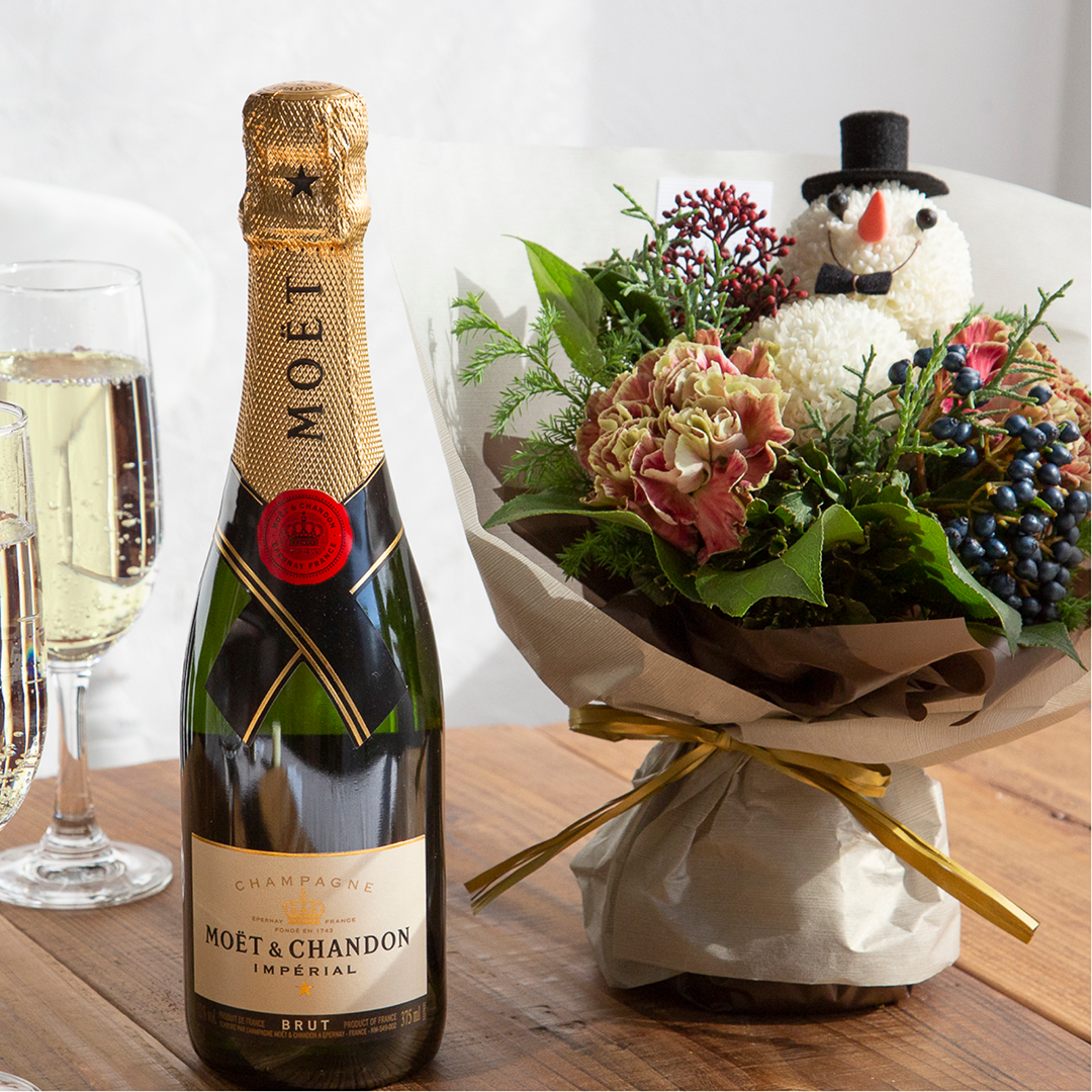 【11～12月】モエアンペリアルムとそのまま飾れるスノーマンブーケ(M)