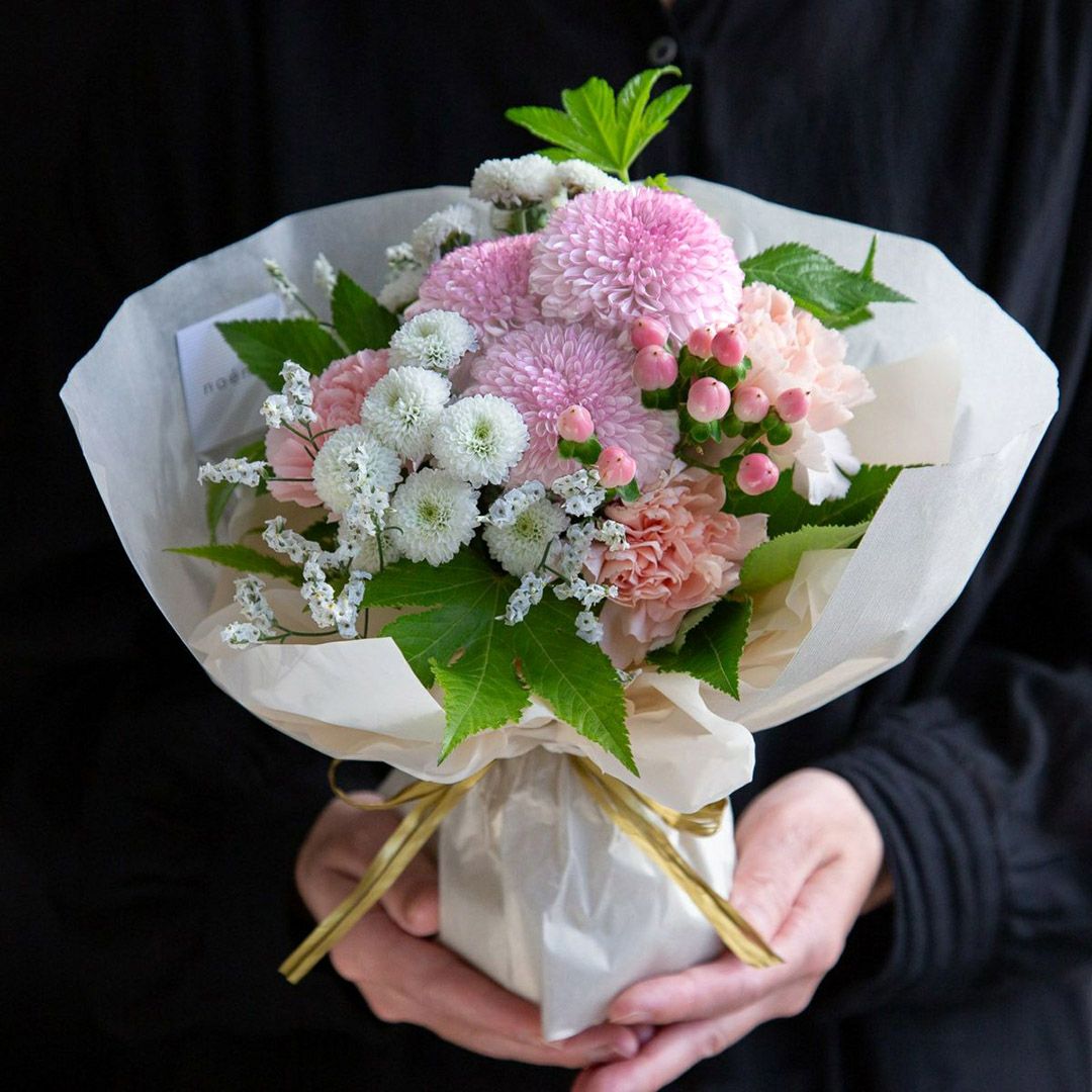 菊花石　7連　淡いピンク花 桜のお線香＆菊てまりブーケ（L）セット/ピンク