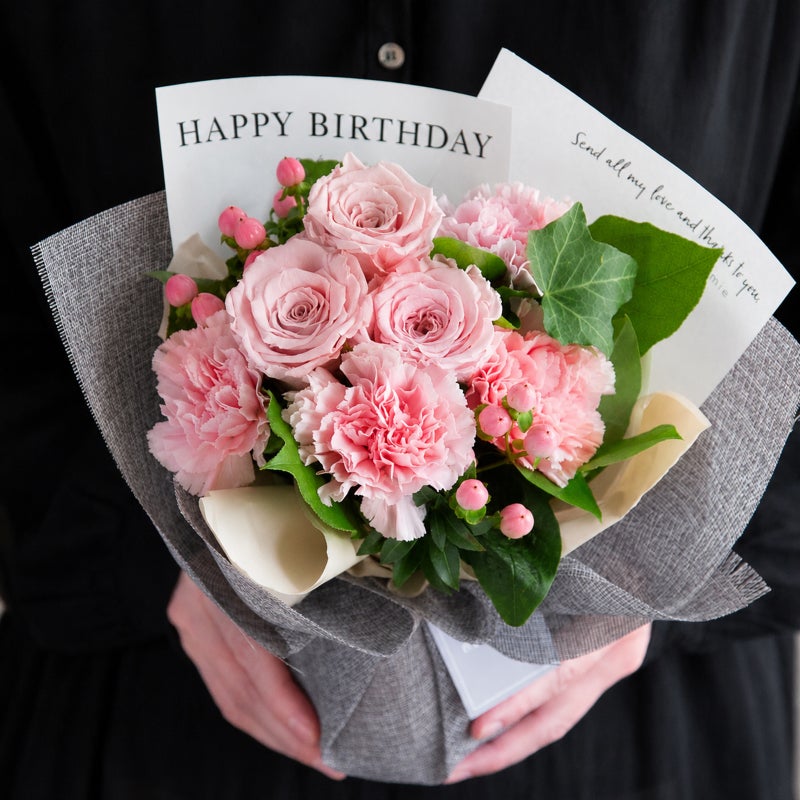 枯れないバラと生花のメッセージブーケ(L)/ピンク